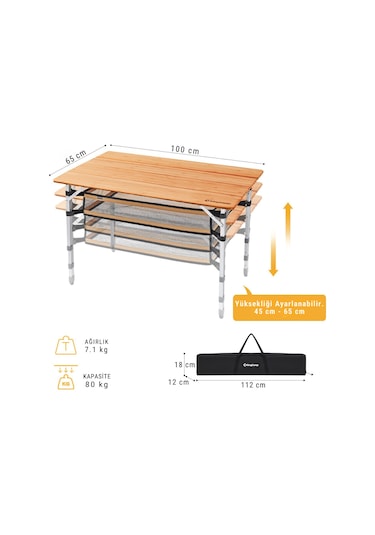 Kingcamp Bamboo Plus L 100x65 Bambu Kamp Masası Gri