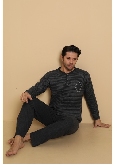 Falkon 7008 İnterlok Kışlık Çizgili Pijamalı Erkek Pijama Takımı Antrasit