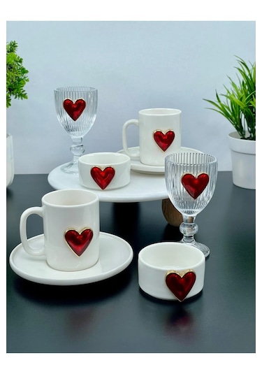 2 Kişilik Porselen Kalpli Fincan Takımı Seti Bardak Ve Lokumluk