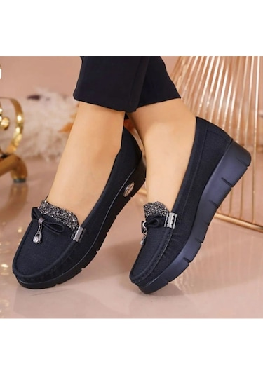 Konfores 086 Anatomik Tabanlı Bayan Dolgu Topuk Günlük Ayakka Siyah