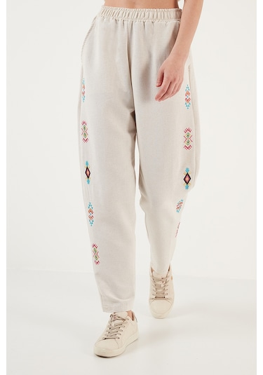 Lela Bohem Işlemeli Keten Ve Pamuk Karışımlı Şalvar Bayan Pantolon 5865050 Bej