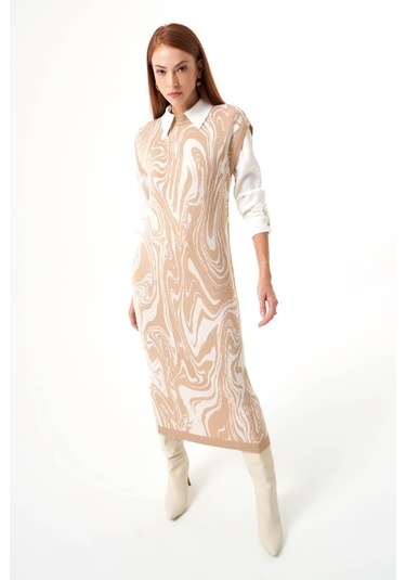 Özel Desenli Triko Bej Elbise Bej