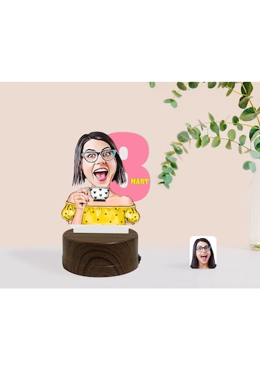 Kişiye Özel Kadınlar Günü Karikatürlü Dekoratif 3D Biblo Led Işık(481493147) Çok Renkli