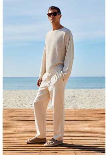 EDVIN Erkek Beli Lastikli Yanları Cepli Keten Karışımlı Relaxed Fit Ekru Pantolon