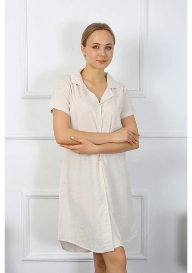 Giyim Kadın Pamuk Keten Kısa Kol Düğmeli Krem Tunik Gecelik Krem