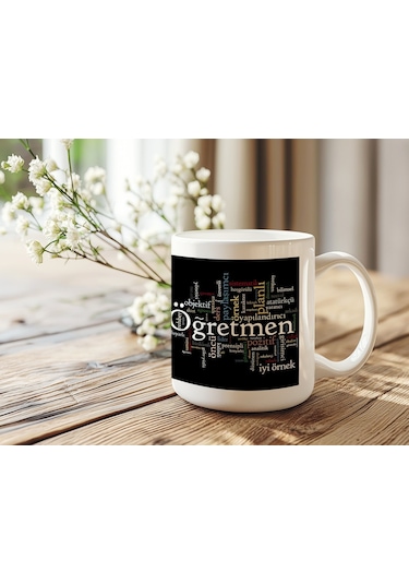 Öğretmen Temalı Kupa Bardak Öğretmen Özellikleri Yazılı Siyah Zeminli Hediye Kupa Beyaz