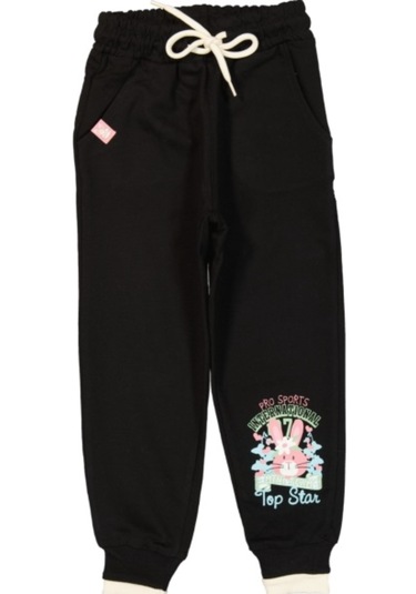 Kız Çocuk Tavşan Desenli Cepli Siyah Eşofman Altı Siyah