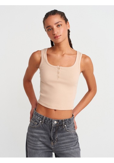 Dilvin 20983 Düğmeli Kare Yaka Top-açık Bej Açık Bej