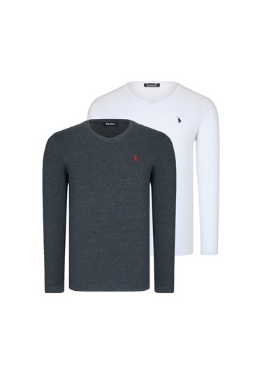 İkili Set T8587 Dewberry V Yaka Erkek Sweatshırt-beyaz-antrasit Beyaz-antrasit