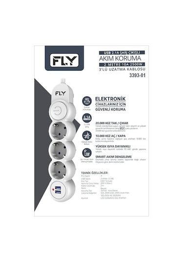 Fly -3393-01 Termal Akım Korumalı 3'lü Priz 2 Usb 2m 2.1a Uzatma Kablosu 2 M