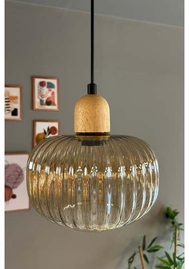 Mola Cam Bal Rengi Tekli Avize Kalın Ahşap Kafa Başlık Retro Sarkıt Lamba Restoran Salon Aydınlatma Bal