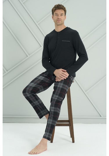 Erkek Interlok Penye Uzun Kol Pijama Takımı 2233 Siyah Siyah