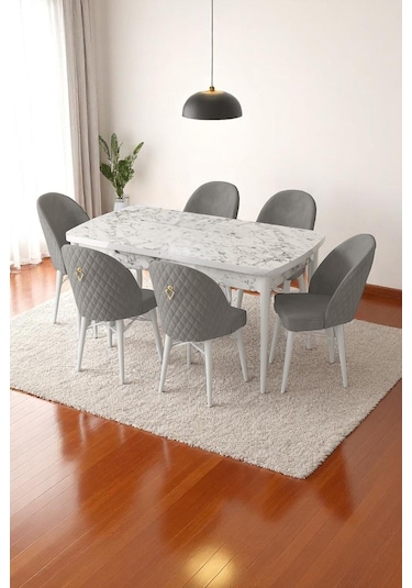 Mia Serisi Açılabilir Mutfak Masası Takımı Beyaz Mermer Desen Masa 6 Sandalye, Yemek Masası Gri