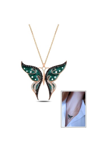 Güneşin Kızı Yeşil Kelebek Kolye - 925 Ayar Gümüş Rose Gold