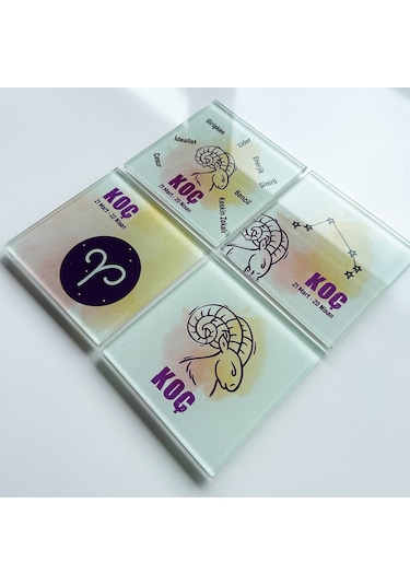 Decorita Cam Bardak Altlığı Burçlar - Koç Burcu 4'lü Takım 10 x 10 CM Çok Renkli