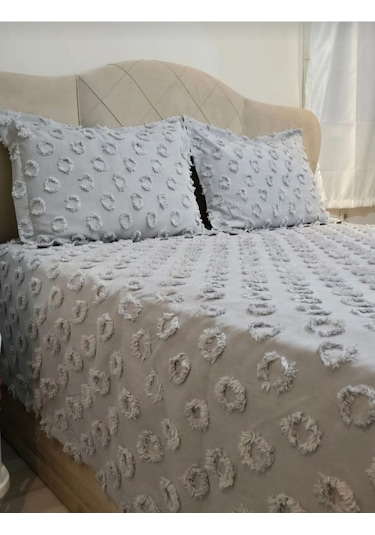 Ponpon Desenli 3 Parça Çift Kişilik Yatak Örtüsü Gri
