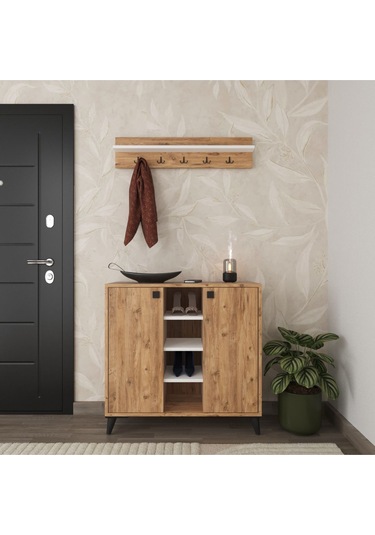 Albena 2 Kapaklı Ayakkabılık, Vestiyer, Portmanto, Askılık, 90 Cm Atlantik Çam Atlantik Çam - Beyaz