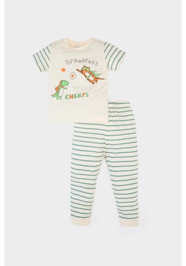 DeFacto Erkek Bebek Pijama Takımı Baskılı Kısa Kollu Penye Üst Çizgili Uzun Alt E0757A525SMGN382 Yeşil