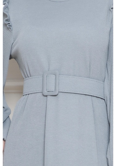 Omuzu Fırfır Kemerli Elbise-gri-4562 Gri