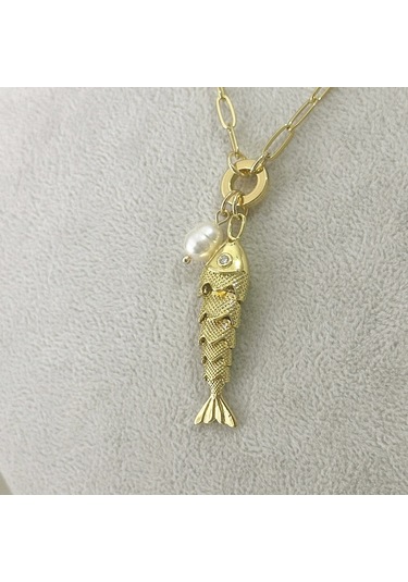 İncili Hareketli Balık Kolye Gold Gold