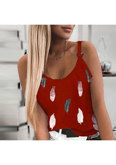 Kırmızı Yeni Kadın Moda Yaz Rahat Tüy Baskı Spagetti Sapanlar Kolsuz Tank Tops
