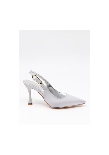 Nesilshoes Nesil Shoes Uraz 800 Gümüş Saten Arkası Açık Topuklu Kadın Ayakkabı