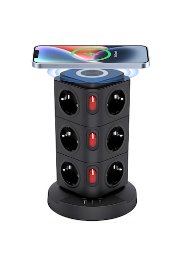 Yeni Akım Korumalı 2.4a Kule Priz Kablosuz Şarj Istasyonu 12x Soketli 2 Type-c 1x Usb Çıkışı 0.2 M