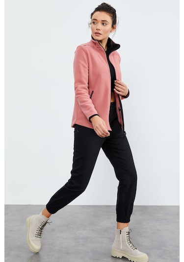 Tommy Life Yaban Gülü Dik Yaka Fermuarlı Rahat Form Kadın Polar Sweatshirt - 97173 Pembe