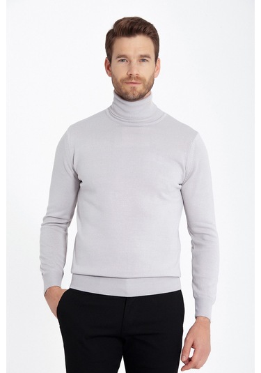 Hatemoğlu Açık Gri Balıkçı Yaka Triko Kazak Altın Açık Gri