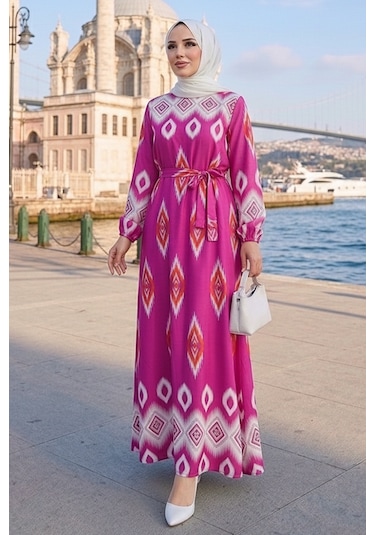 Bestenur Alera Desenli Viskon Elbise 1720 - Pembe
