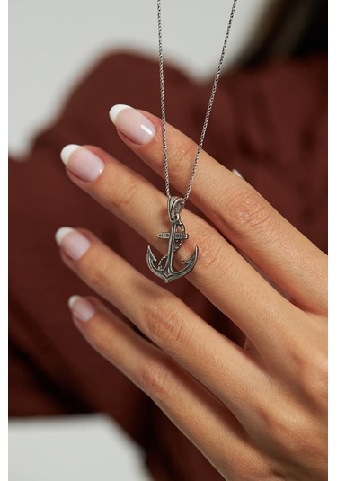 Roza Silver Otantik Denizci Gemi Çapası Oksitli 925 Ayar Gümüş Kolye Rn10216