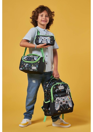 Coral High Kids Siyah Fosforlu Yeşil Gamer Desenli 3 Lü Okul Çanta Seti Set0123654