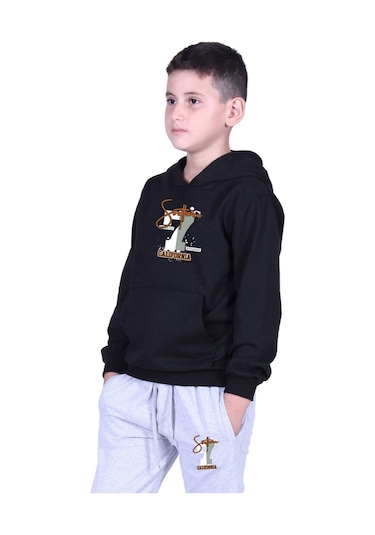 Kapüşonlu Kanguru Cepli California Baskılı Erkek Çocuk Eşofman Takımı Siyah - Gri