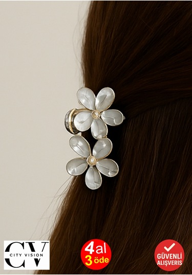 Gri Taşlı Çiçek Gümüş Detaylı Metal Mandal Toka 4 Cm Gri