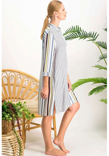 Colour Lines Düğmeli Boyfriend Kadın Gömlek Gecelik- Krem Krem