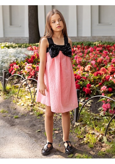 Sheshe Payet Fiyonk Detaylı Pembe Jakar Kız Çocuk Elbise Renkli