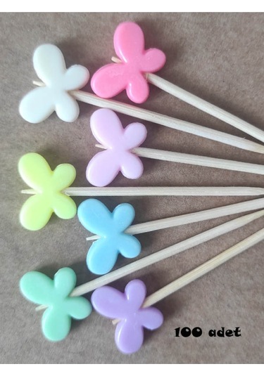 100 Adet Dekoratif Kelebek Boncuklu Kürdan 6 Cm Karışık Renk - Kelebek 15 Mm