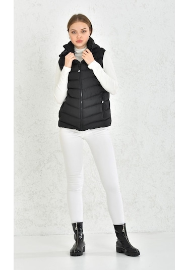 Almina Unisex Siyah Jel Dolgu Kapüşonlu Şişme Yelek Siyah