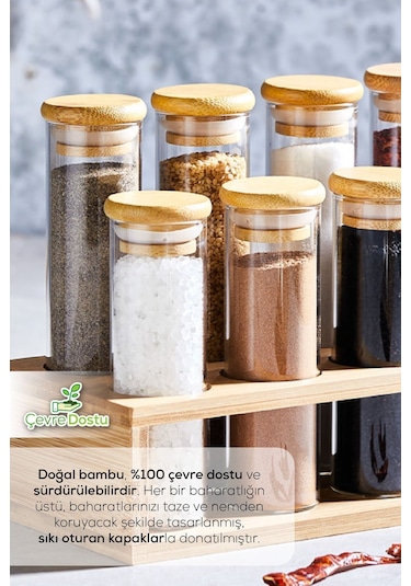 Vienev Bambu 8li Cam Baharatlık Standlı Ahşap