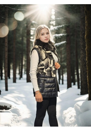 Kadın Kolsuz Hakiki Deri Kürk - Siyah Bordo