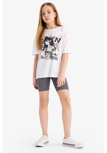 DeFacto Kız Çocuk 2'li Takım Baskılı Kısa Kollu Tişört Biker Tayt E5694A825HSAR58 Antrasit