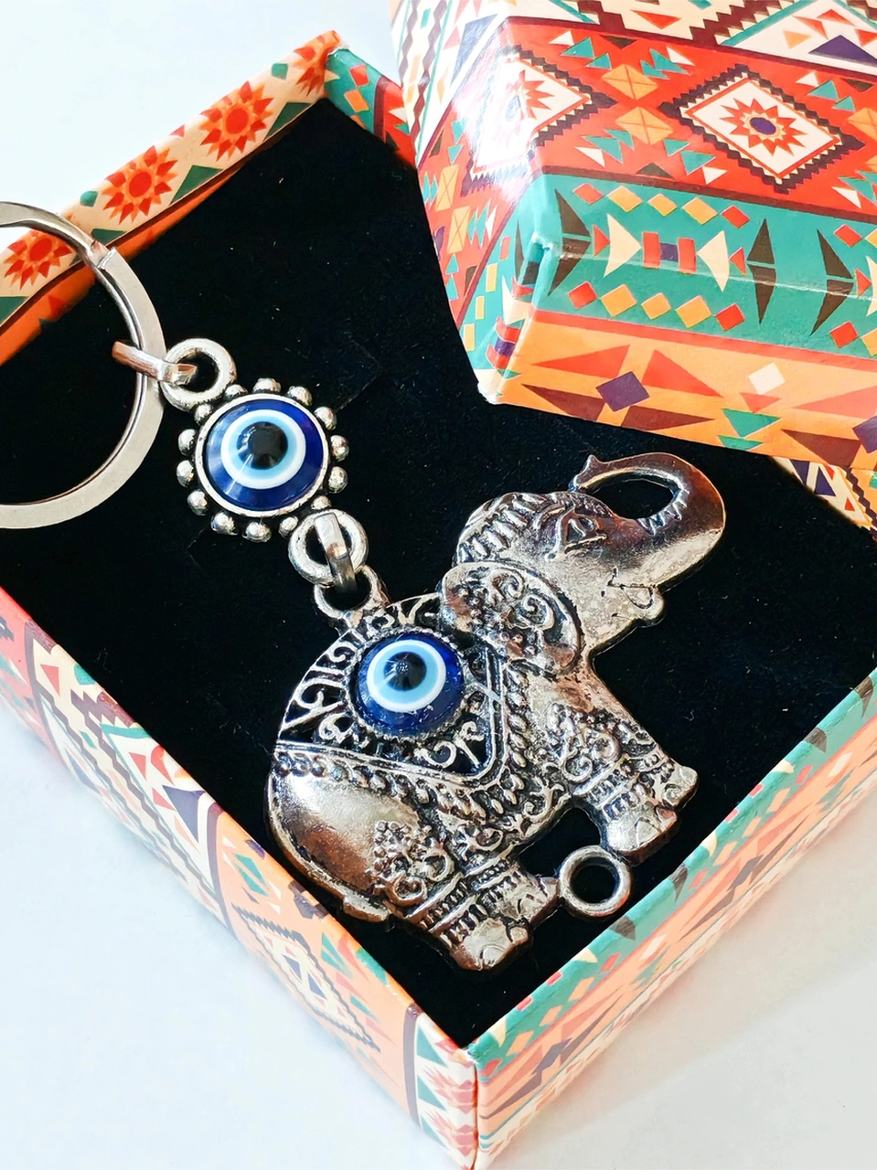Nazar Boncuklu Fil Metal Anahtarlık
