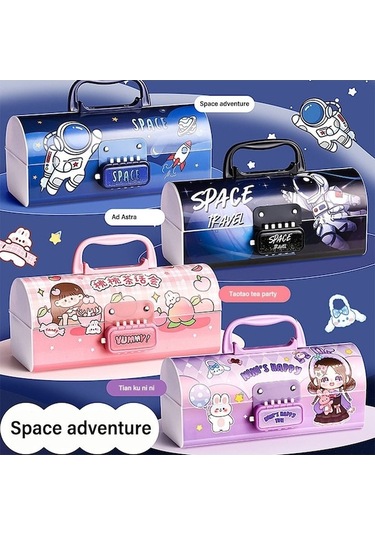 Mufunye Öğrenci Hediyesi: Çok Fonksiyonlu Kartoonlu Büyük Kapasiteli Kilitli Kalem Kutusu - Pembe Çok Renkli