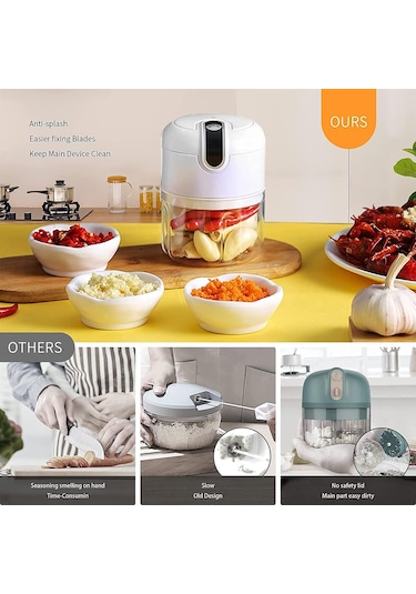 Maiyame Usb Şarjlı Mini Mutfak Robotu, 250ml, 3 Paslanmaz Çelik Bıçak, Sarımsak Dilimleyici, Et/ Sebze/ Meyve/ Bebek Yemeği, Kablosuz, Kolay Temizlenir Beyaz