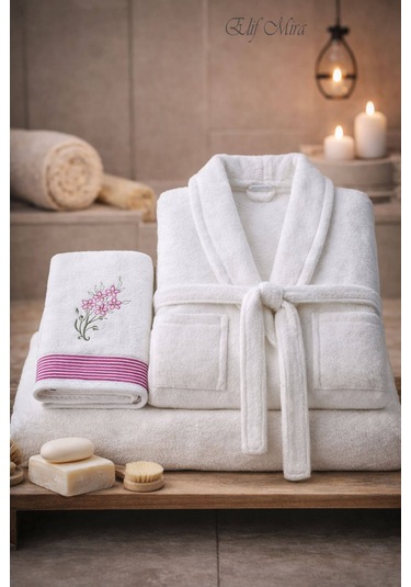 Tek Kişilik Banyo Havlulu Bornoz Seti Pamuklu Bukle Şalyaka Nuvia Beyaz