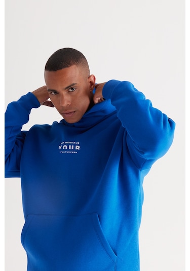 AC&Co / Altınyıldız Classics Erkek Mavı Oversize Fit Bol Kesim Kapüşonlu İçi Polarlı Pamuklu Sweatshirt Mavi