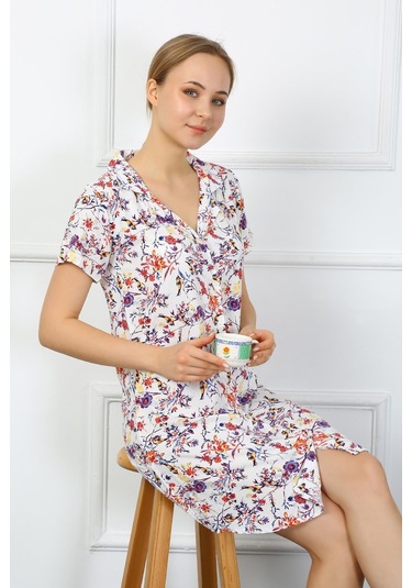 Akbeniz Kadın Penye Kısa Kol Düğmeli Ekru Tunik Gecelik 13104-ekru Ekru