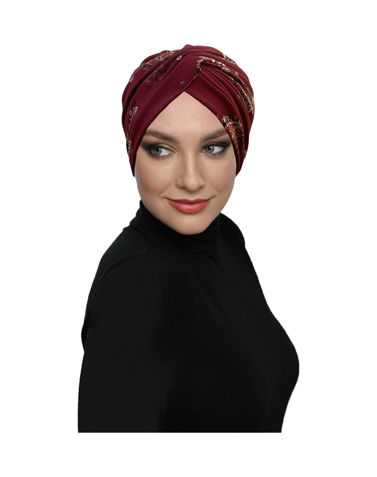 Fidan Desenli Çapraz Penye Bordo Yazma Desenli Hazır Türban Tesettür Havuz Bonesi Bordo-yazma