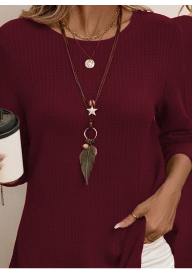 Tua Moda Kadın Uzun Kollu Yuvarlak Yaka Arkadan Düğmeli Waffle Bluz Bordo