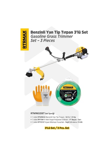 Rtrmax RTM9632SET Benzinli Yan Tip Tırpan + Eldiven + Tırpan Misinası 3'lü Set